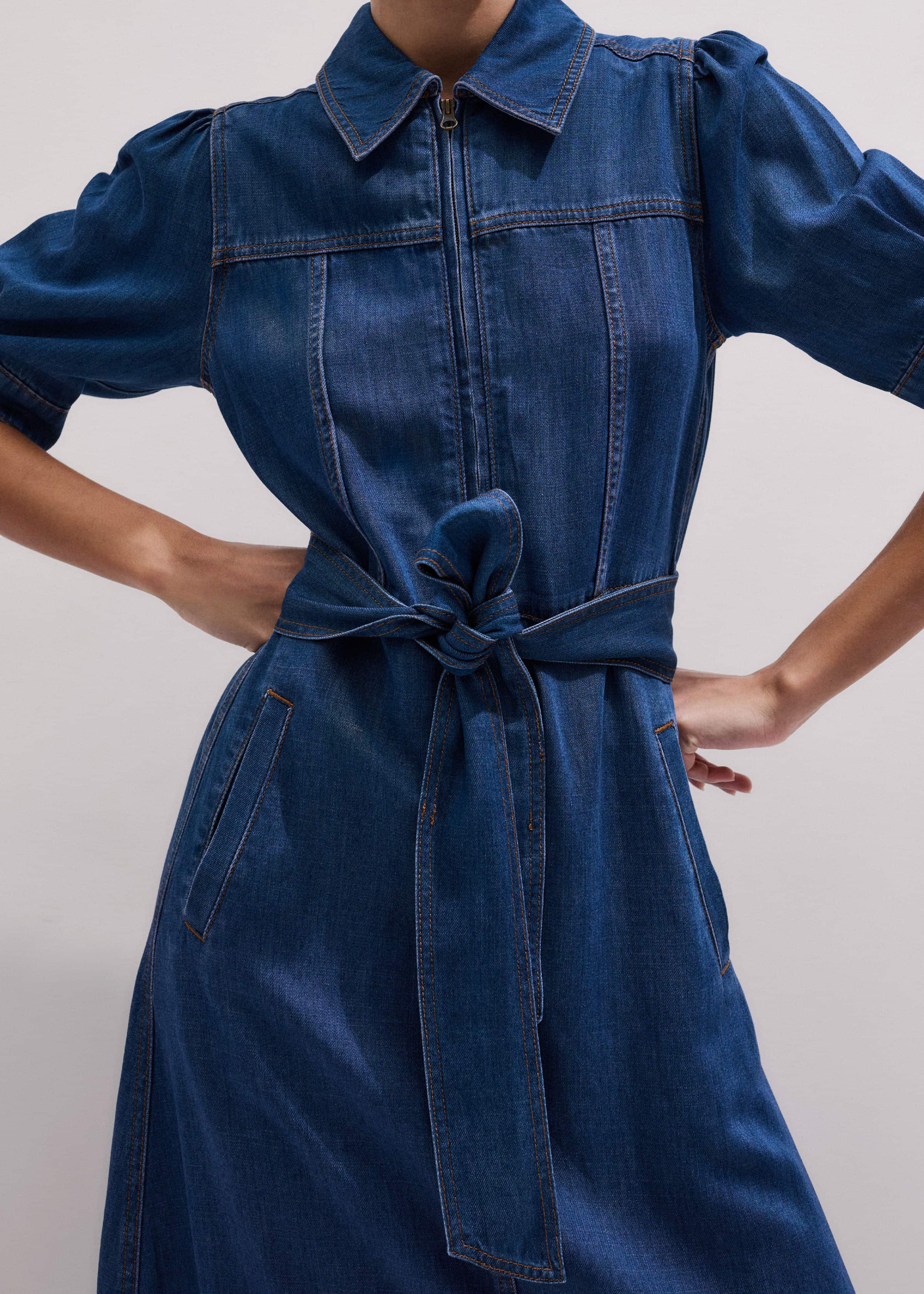 Blue Fluid Fit + Flare Midi Dress + Belt