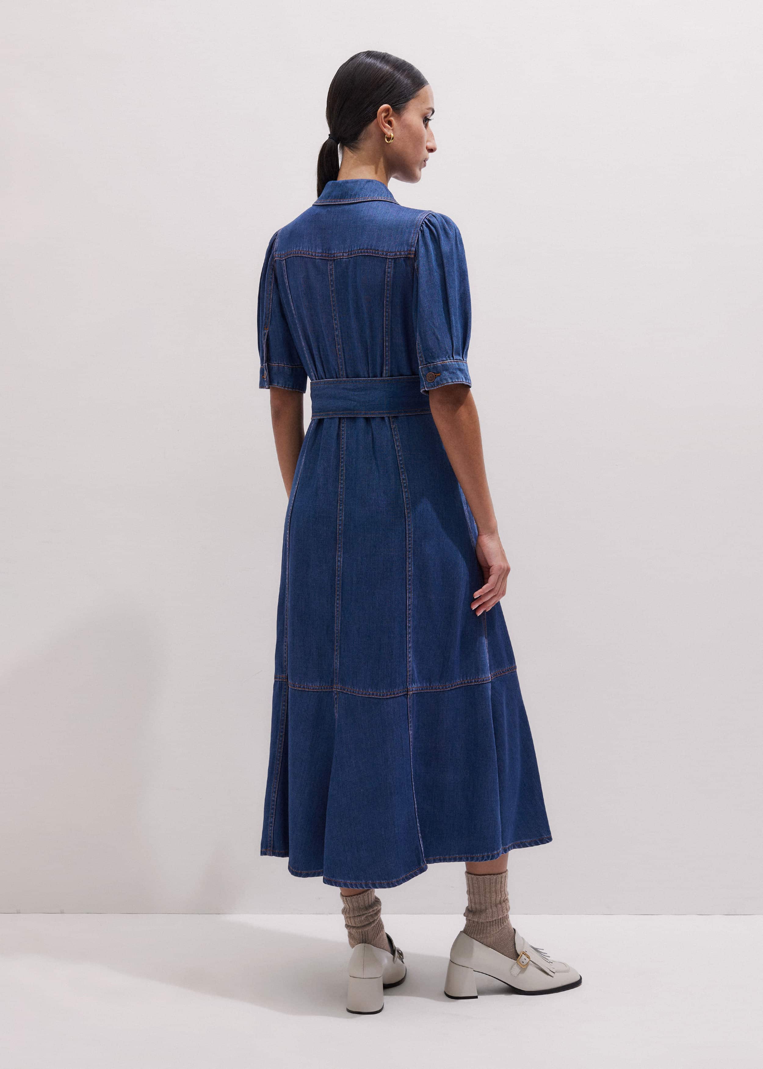 Blue Fluid Fit + Flare Midi Dress + Belt