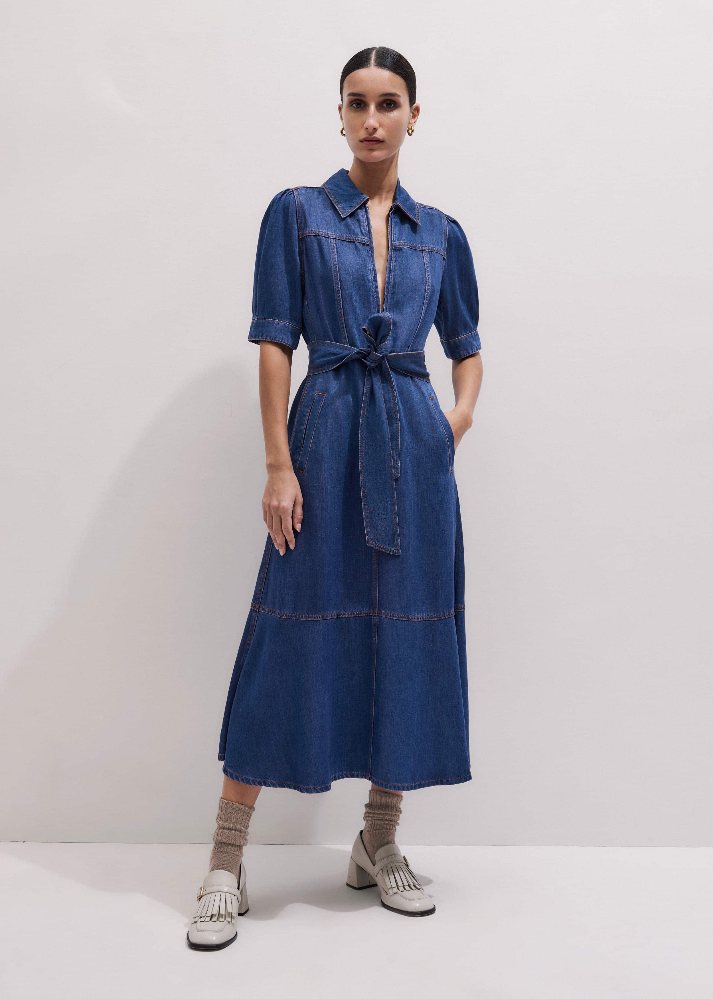 Blue Fluid Fit + Flare Midi Dress + Belt