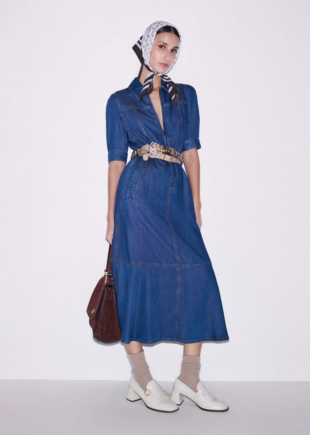 Blue Fluid Fit + Flare Midi Dress + Belt