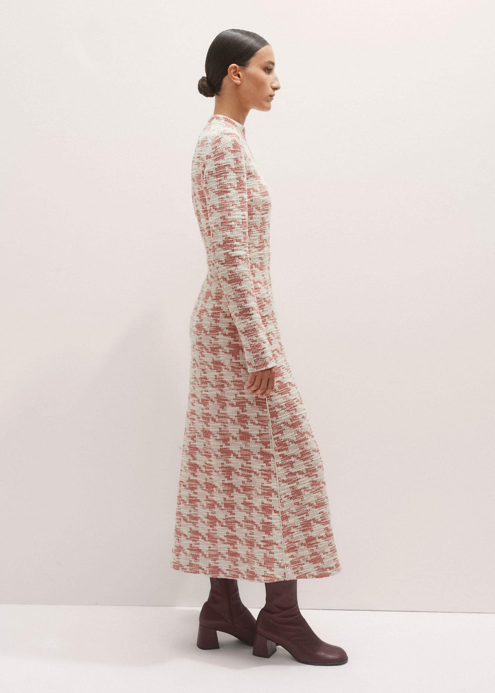 Red Exaggerated Houndstooth Midi Dress
