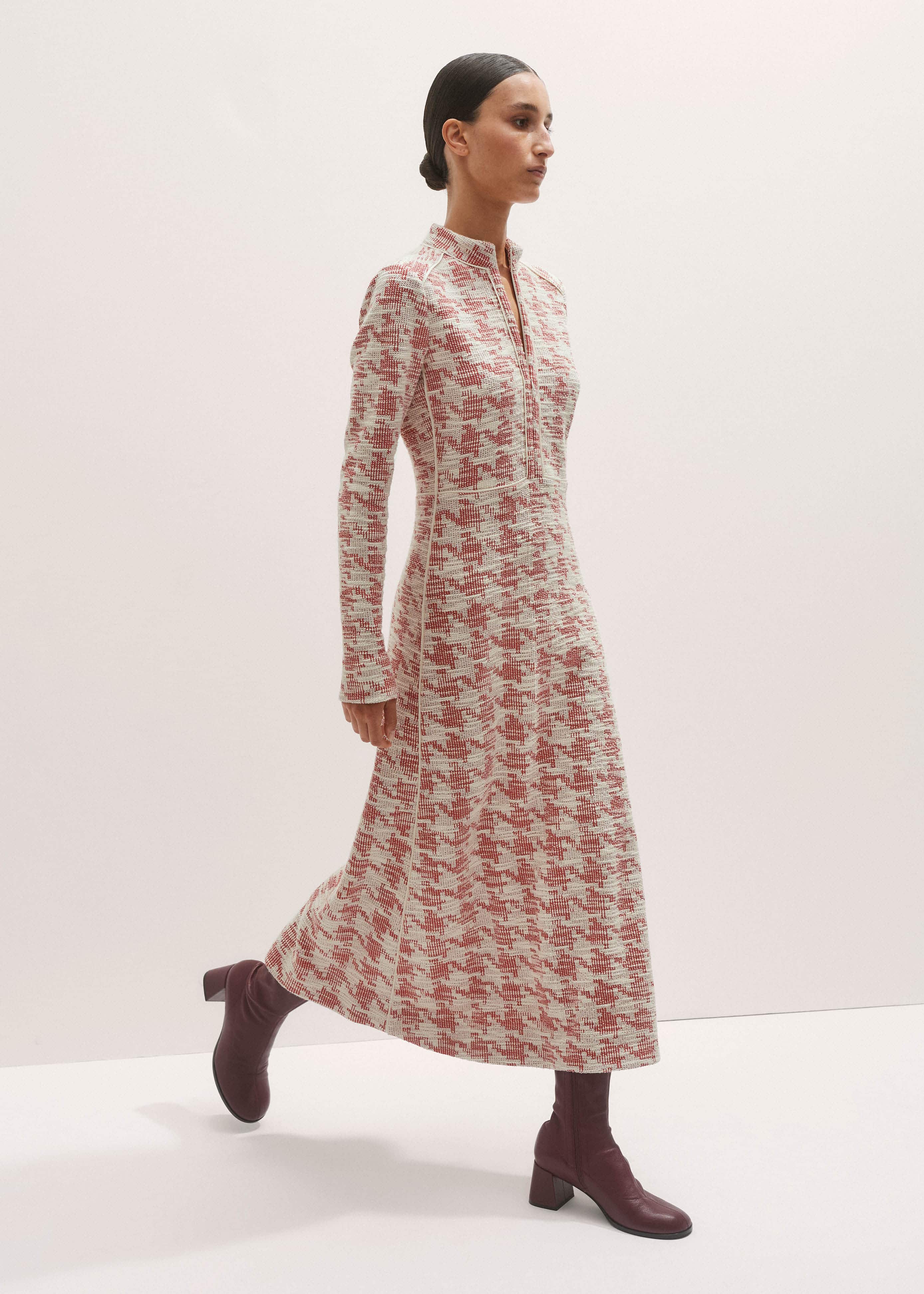 Red Exaggerated Houndstooth Midi Dress