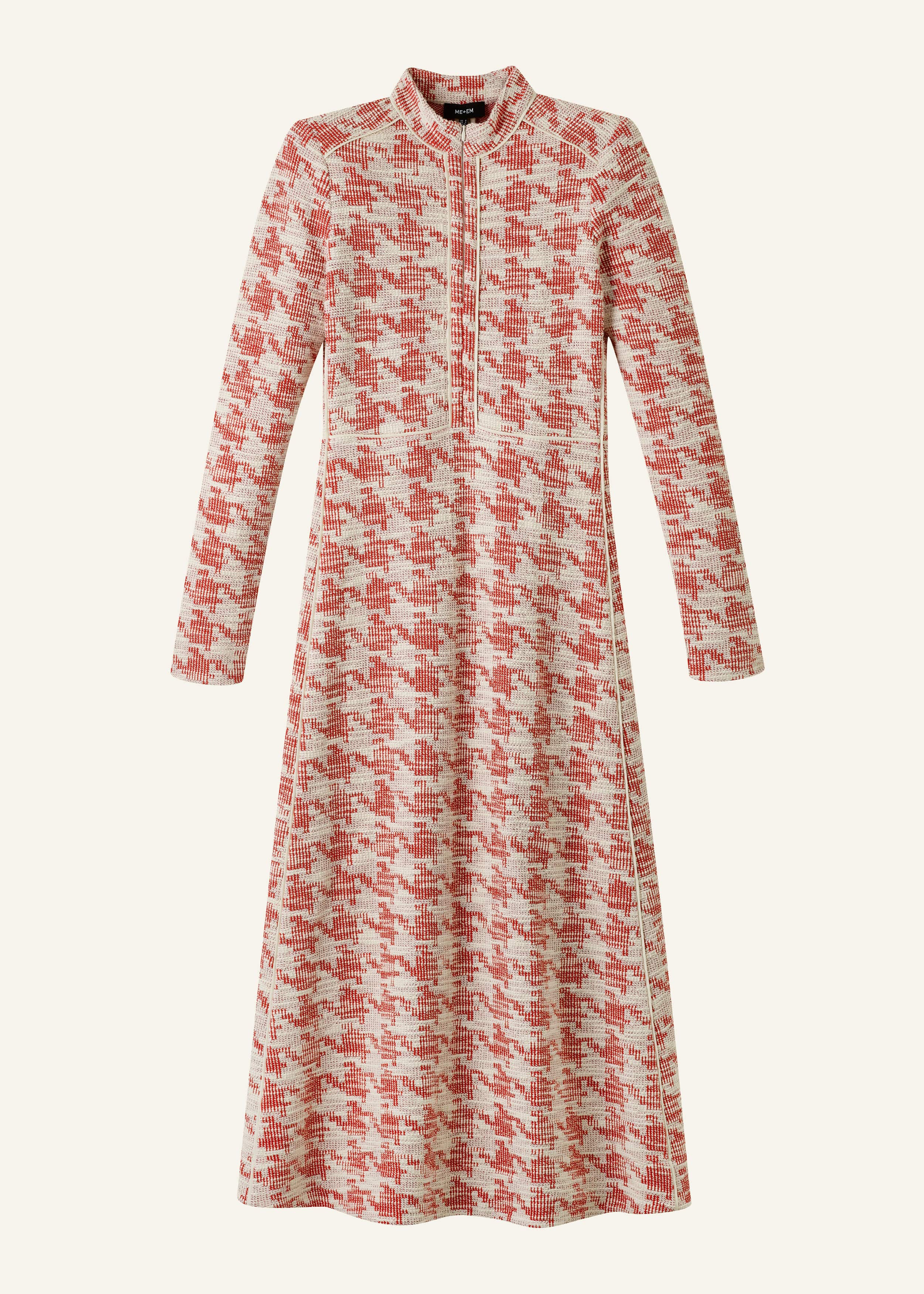 Red Exaggerated Houndstooth Midi Dress