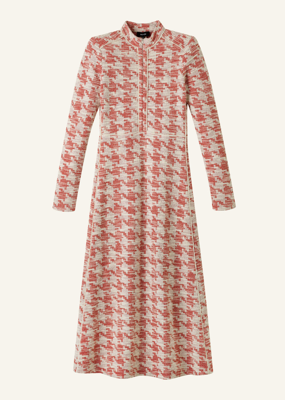 Red Exaggerated Houndstooth Midi Dress