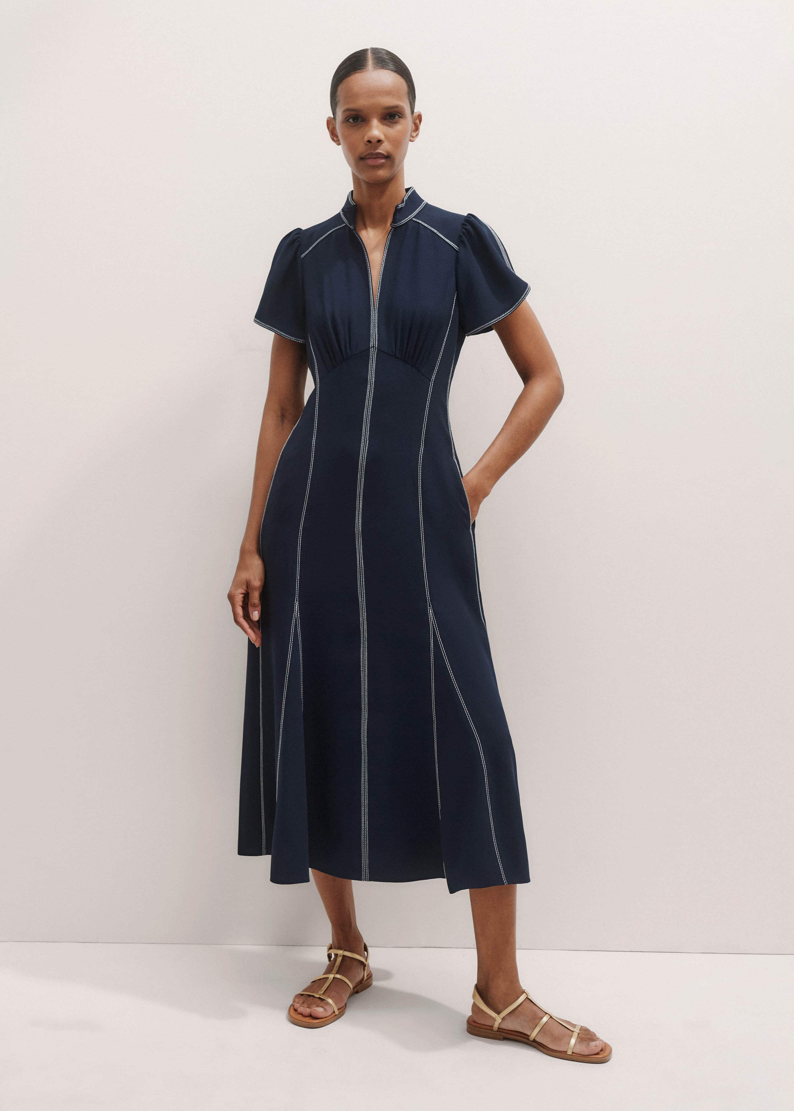 Navy Contrast Stitch Midi Dress