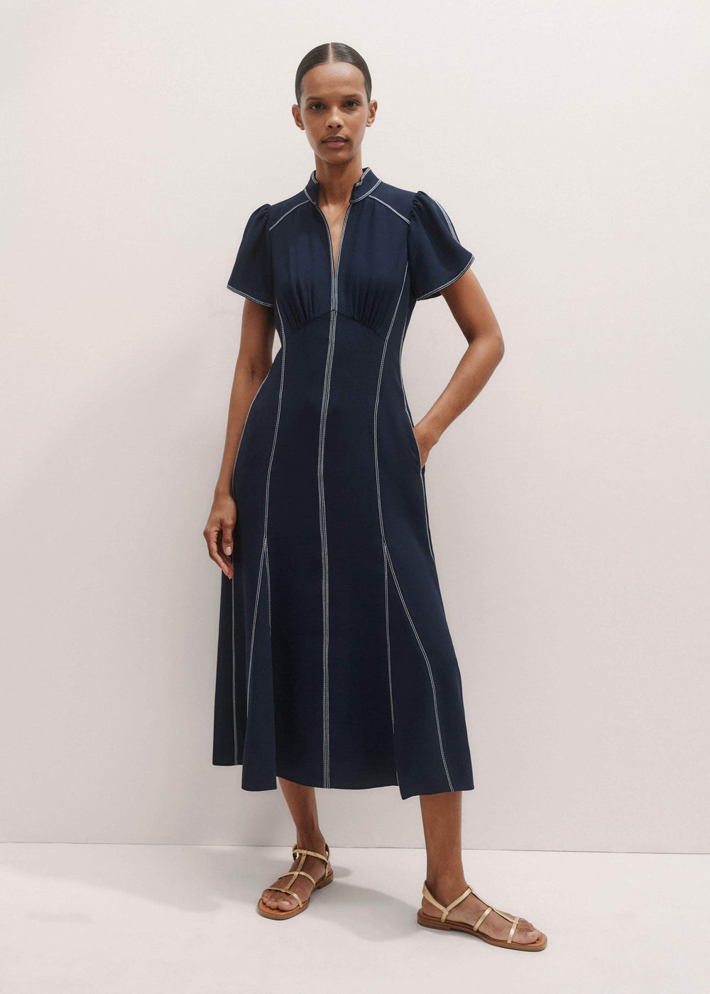 Navy Contrast Stitch Midi Dress