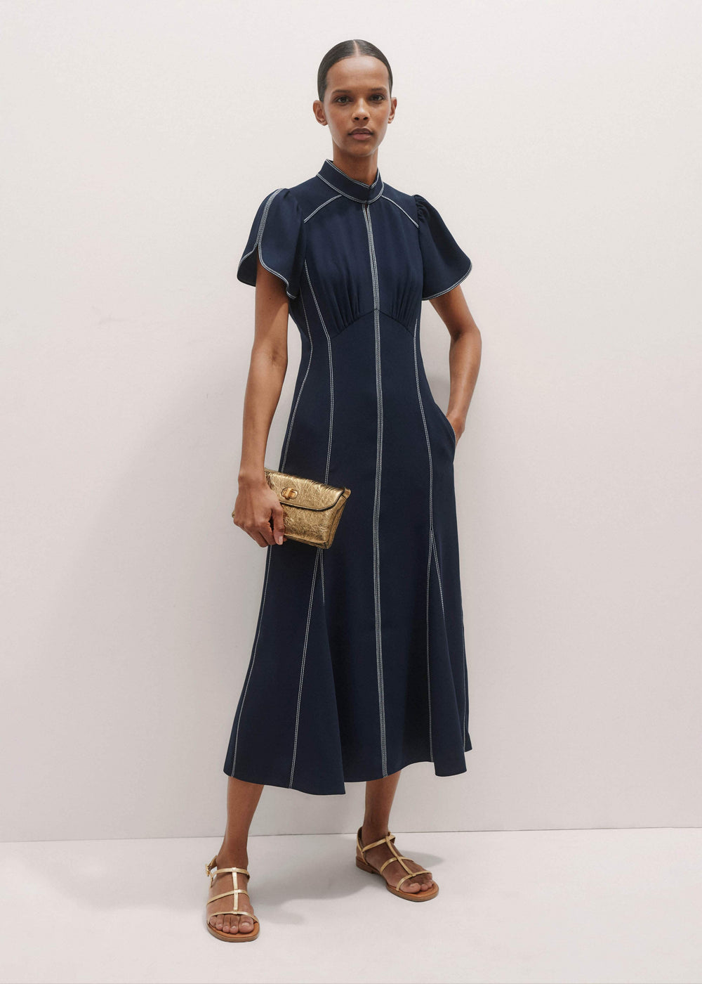 Navy Contrast Stitch Midi Dress