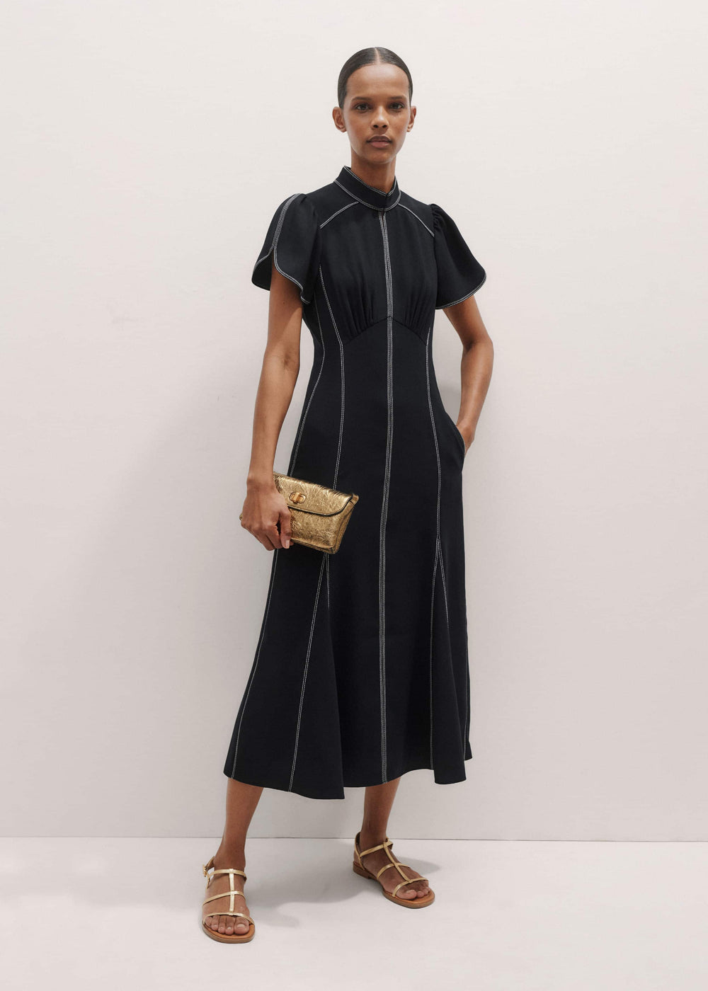Navy Contrast Stitch Midi Dress