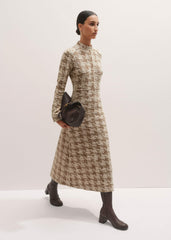 Brown Exaggerated Houndstooth Midi Dress