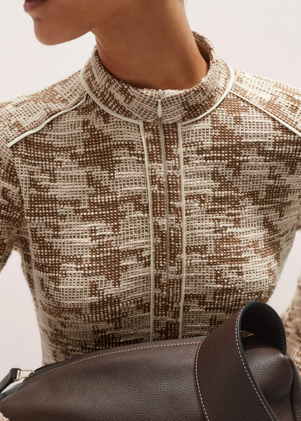 Brown Exaggerated Houndstooth Midi Dress