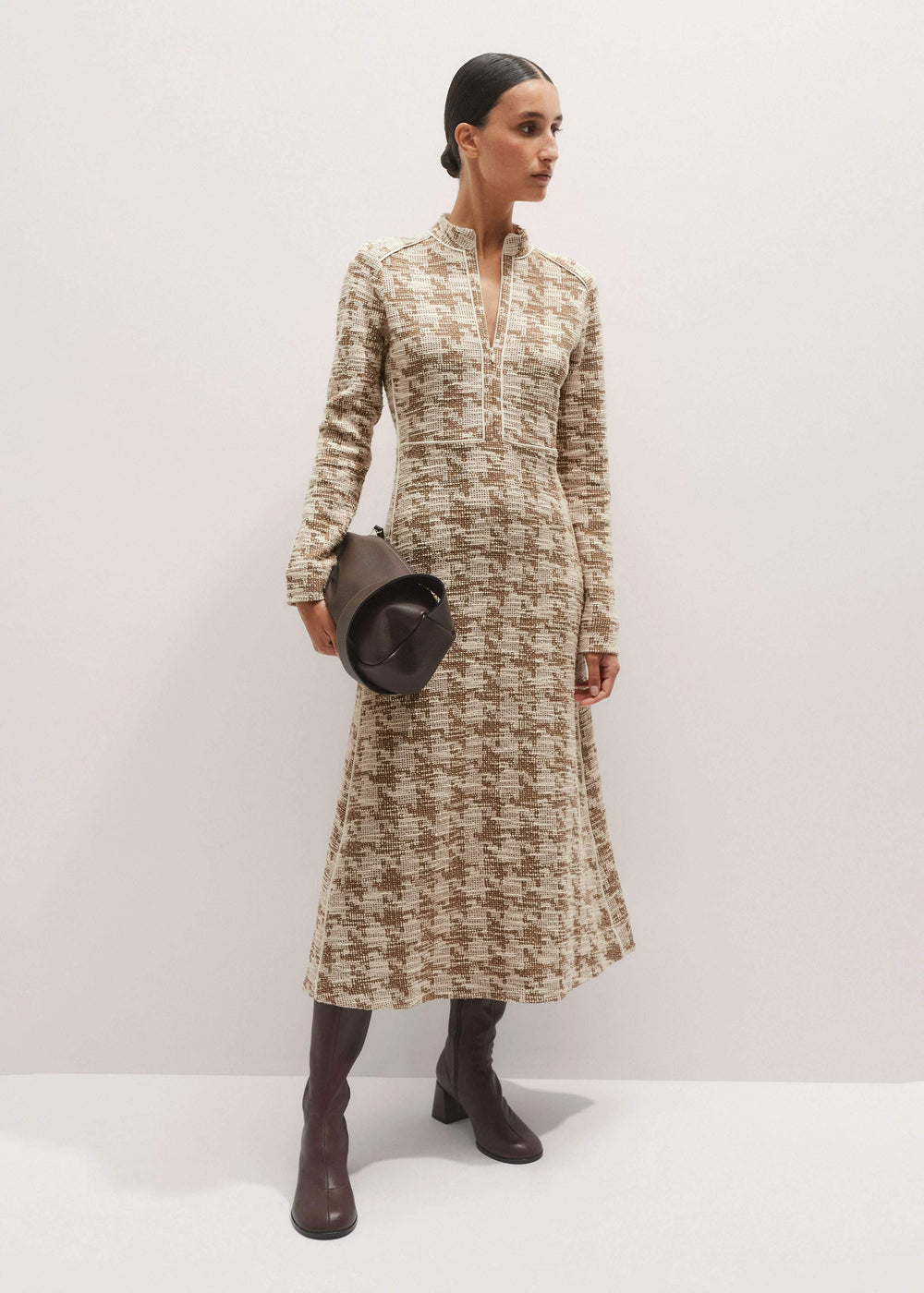 Brown Exaggerated Houndstooth Midi Dress