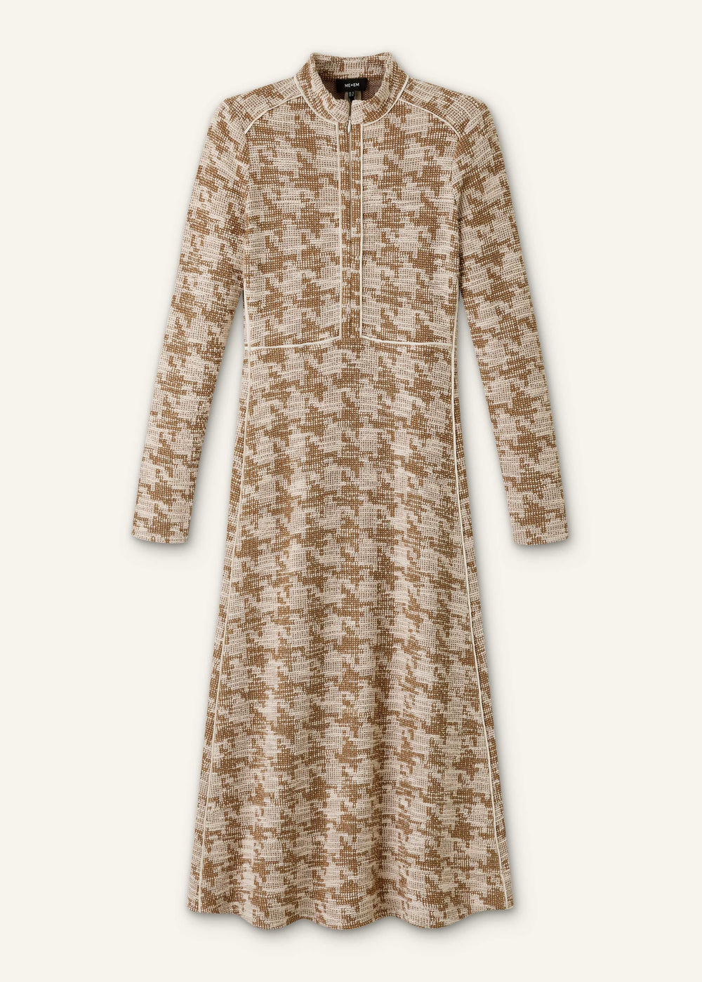 Brown Exaggerated Houndstooth Midi Dress