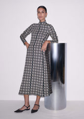 Navy Graphic Jacquard Fit and Flare Midi Dress