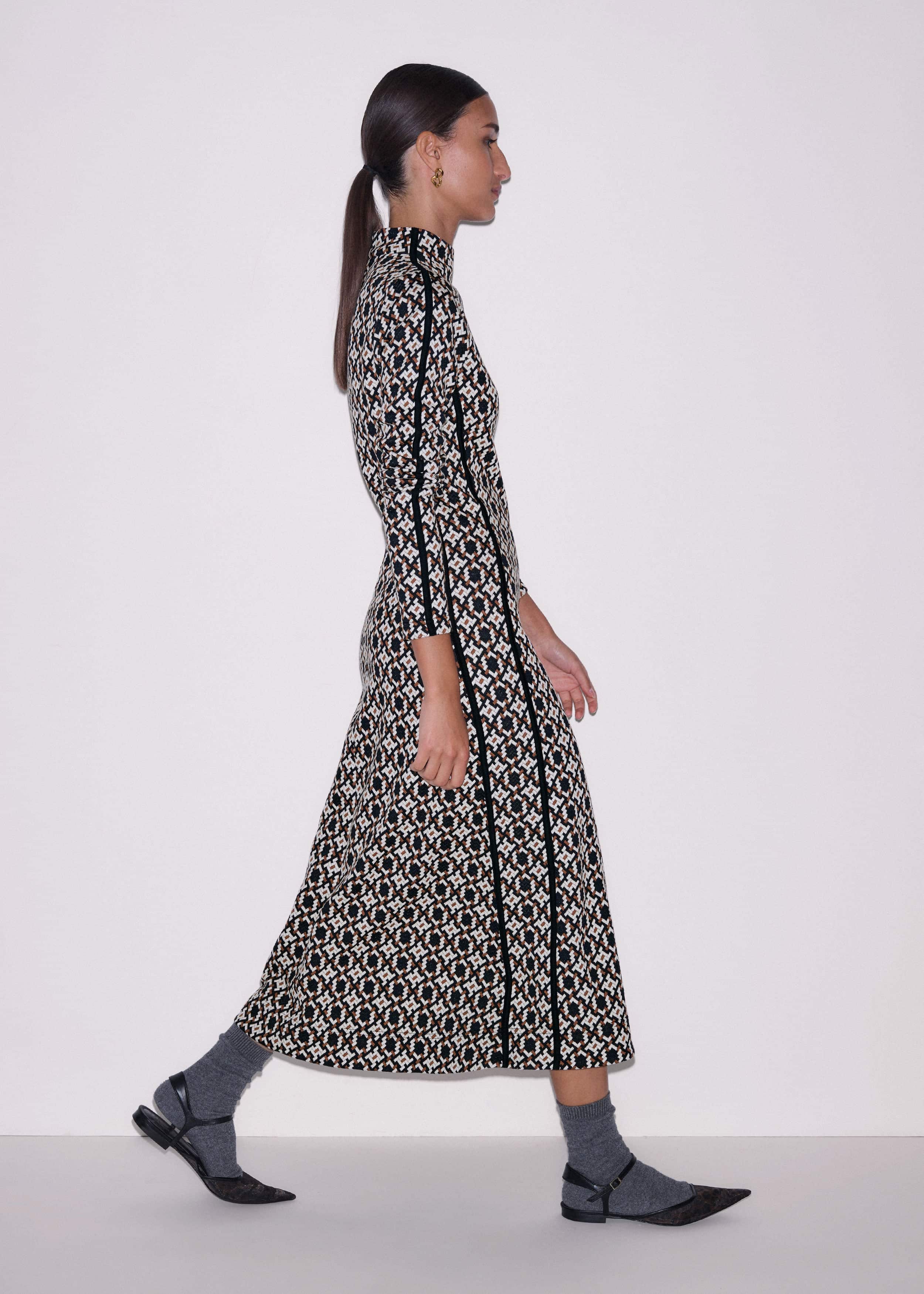 Navy Graphic Jacquard Fit and Flare Midi Dress