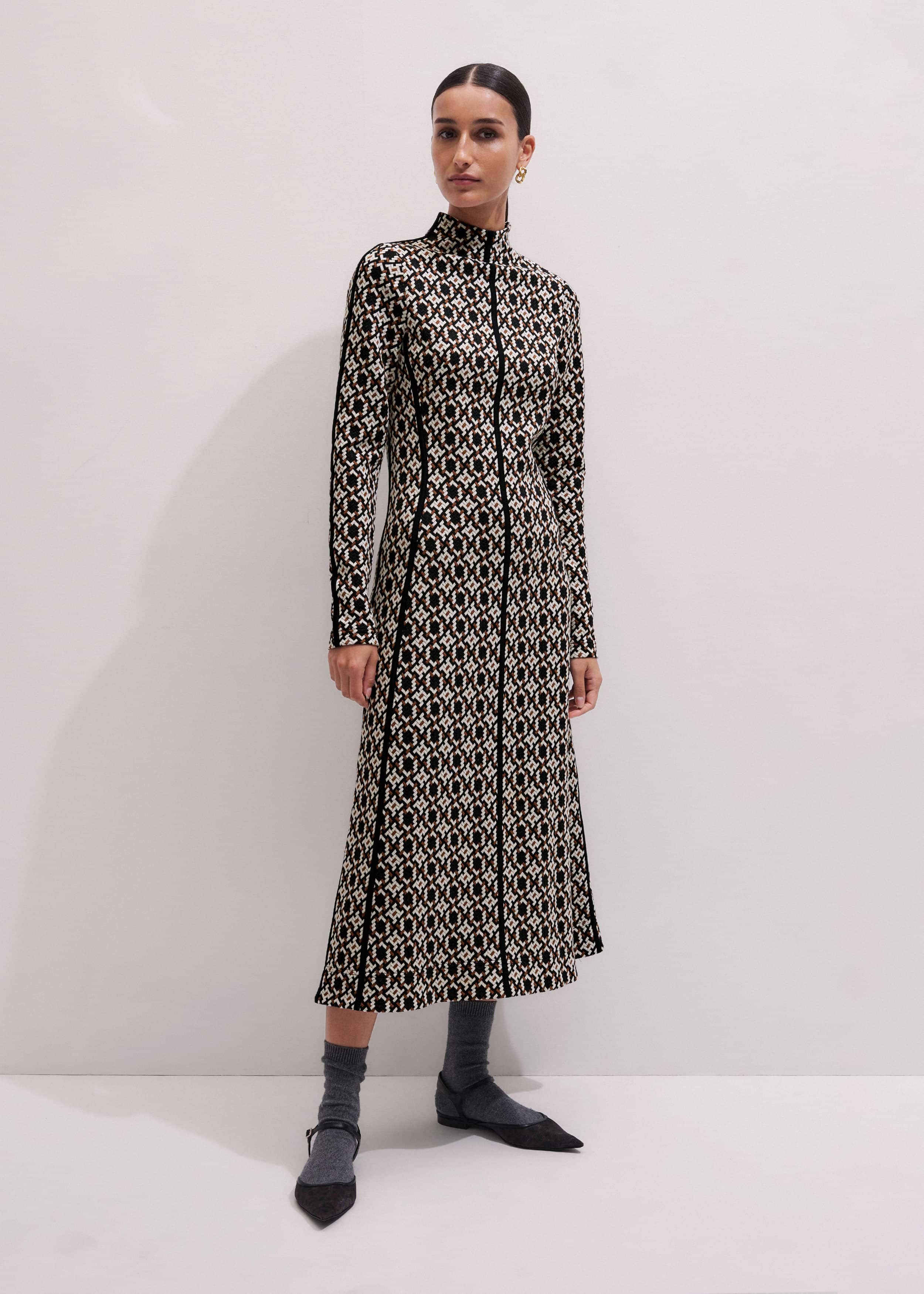 Navy Graphic Jacquard Fit and Flare Midi Dress