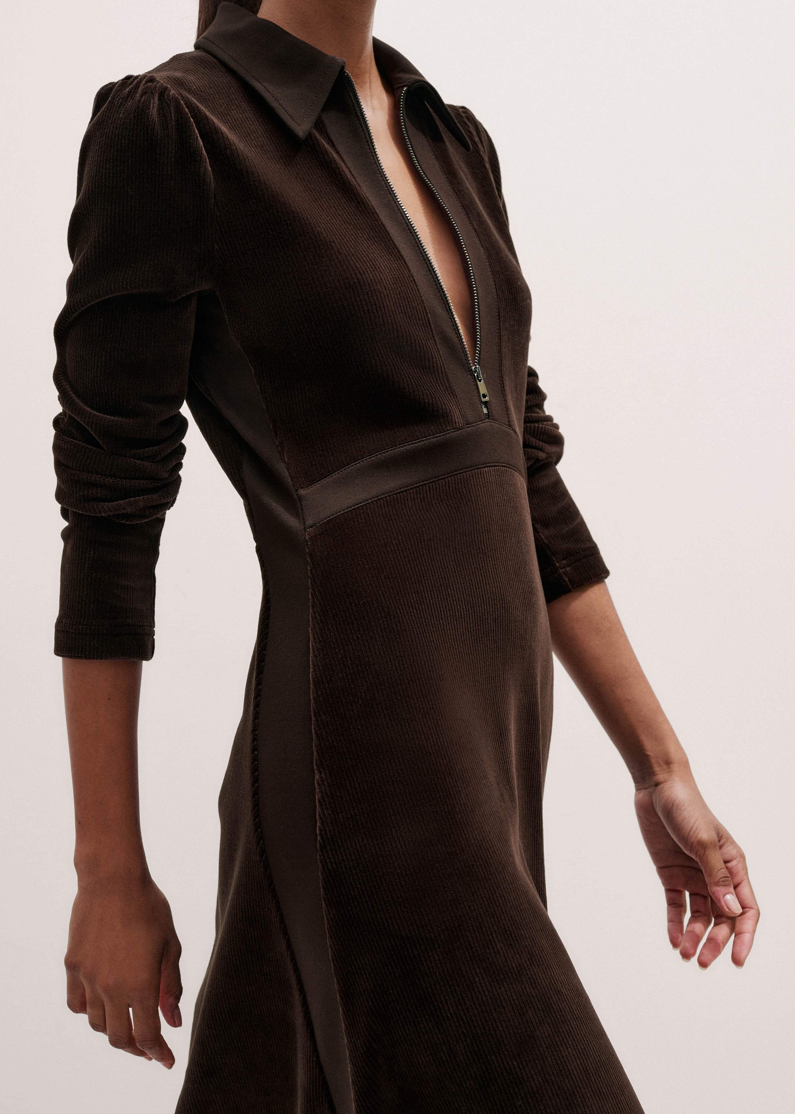 Brown Ponte Collared Cord Velour AM-PM Midi Dress