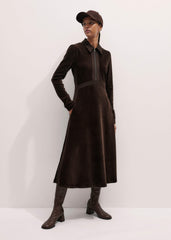 Brown Ponte Collared Cord Velour AM-PM Midi Dress