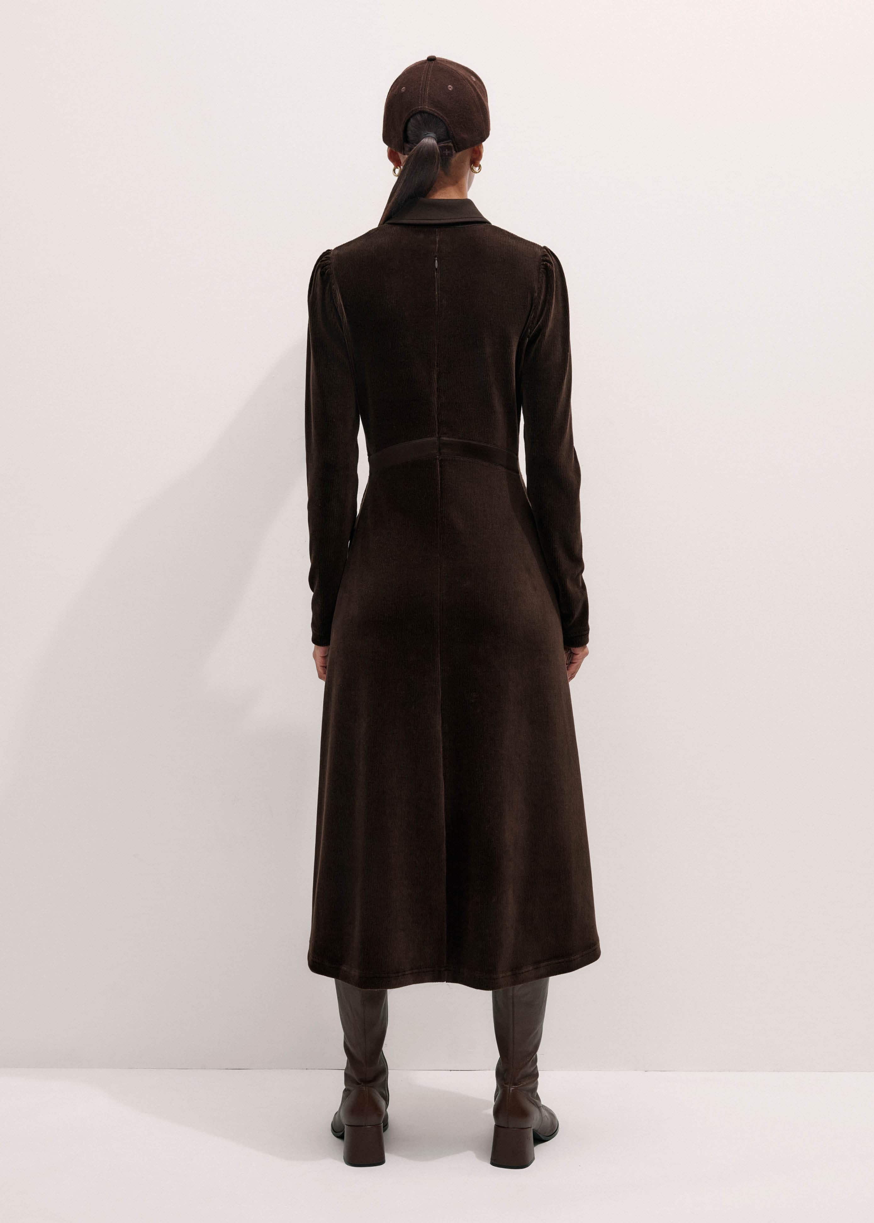Brown Ponte Collared Cord Velour AM-PM Midi Dress