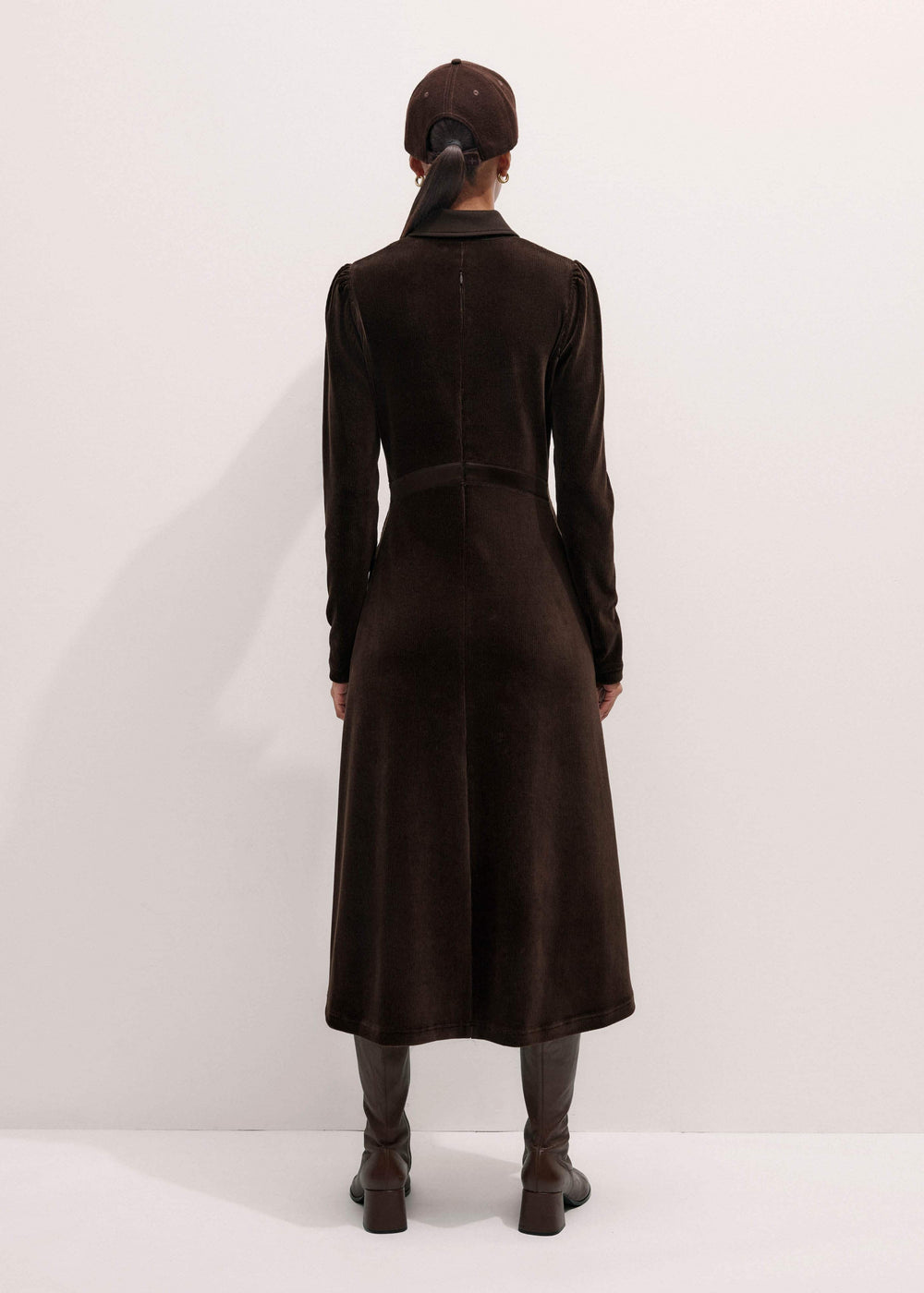 Brown Ponte Collared Cord Velour AM-PM Midi Dress
