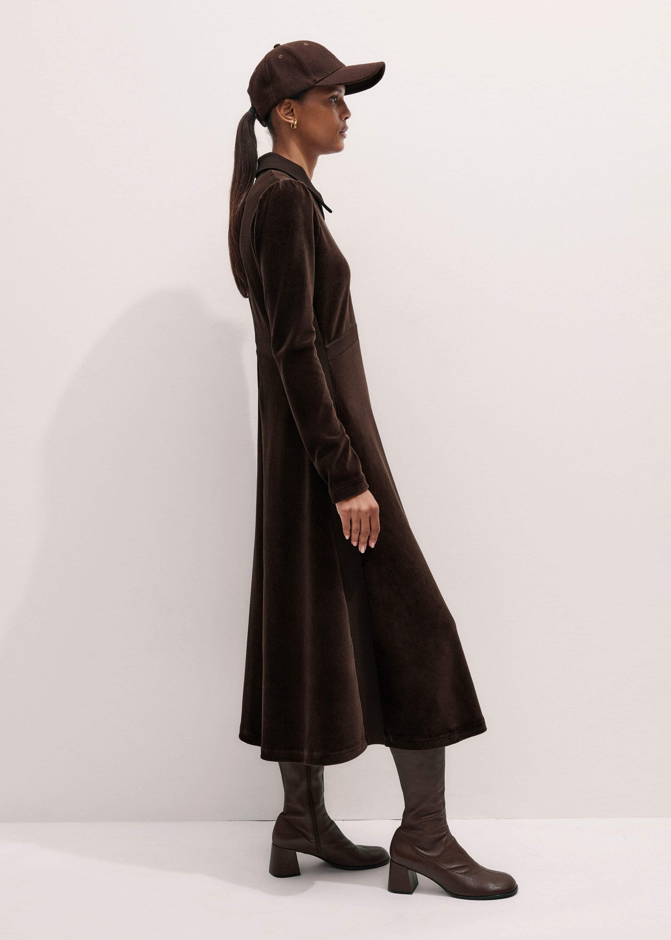 Brown Ponte Collared Cord Velour AM-PM Midi Dress