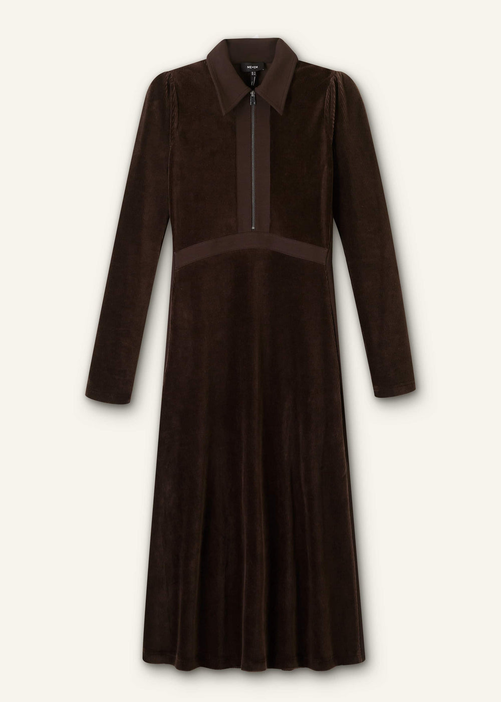 Brown Ponte Collared Cord Velour AM-PM Midi Dress