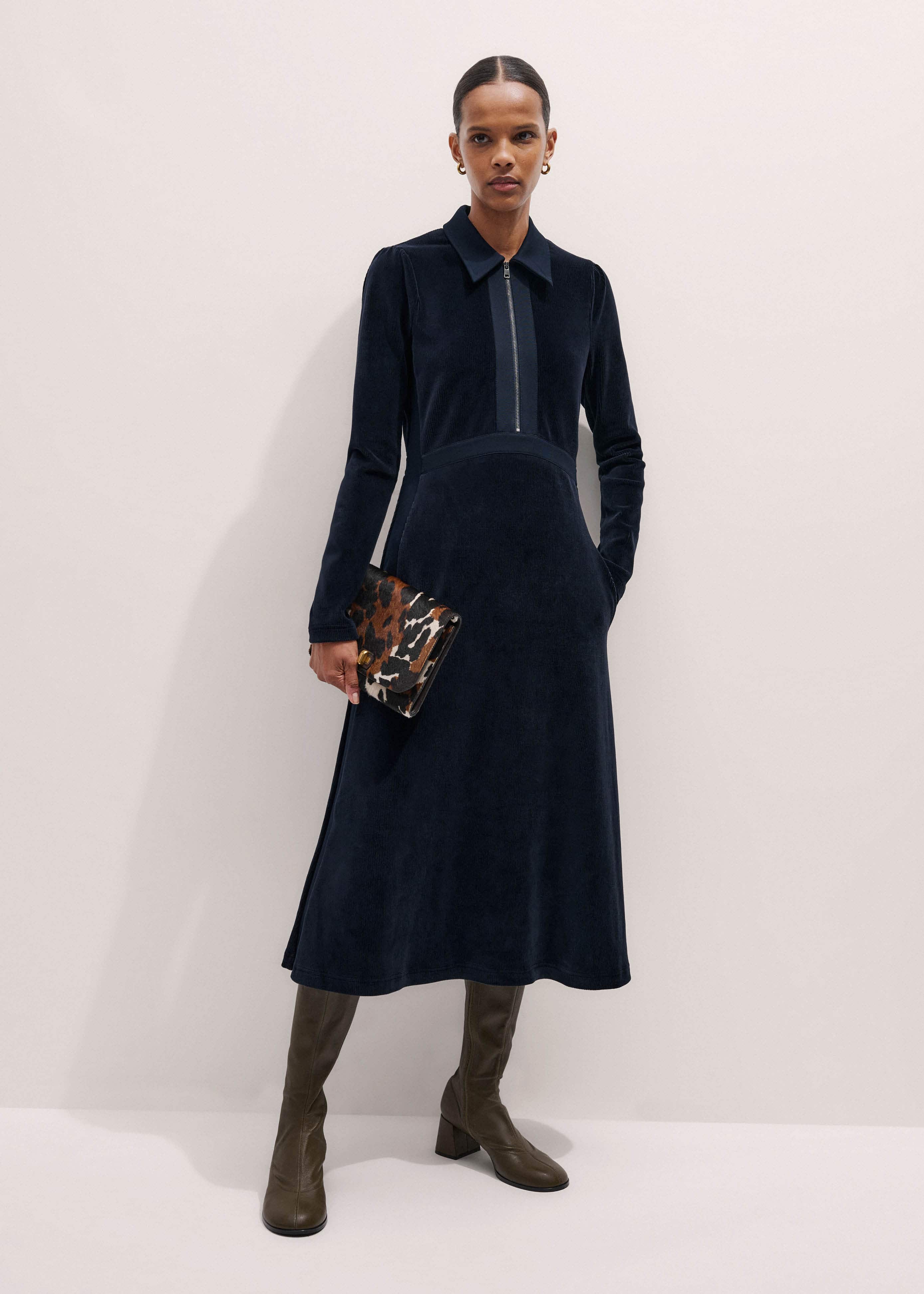 Navy Ponte Collared Cord Velour AM-PM Midi Dress
