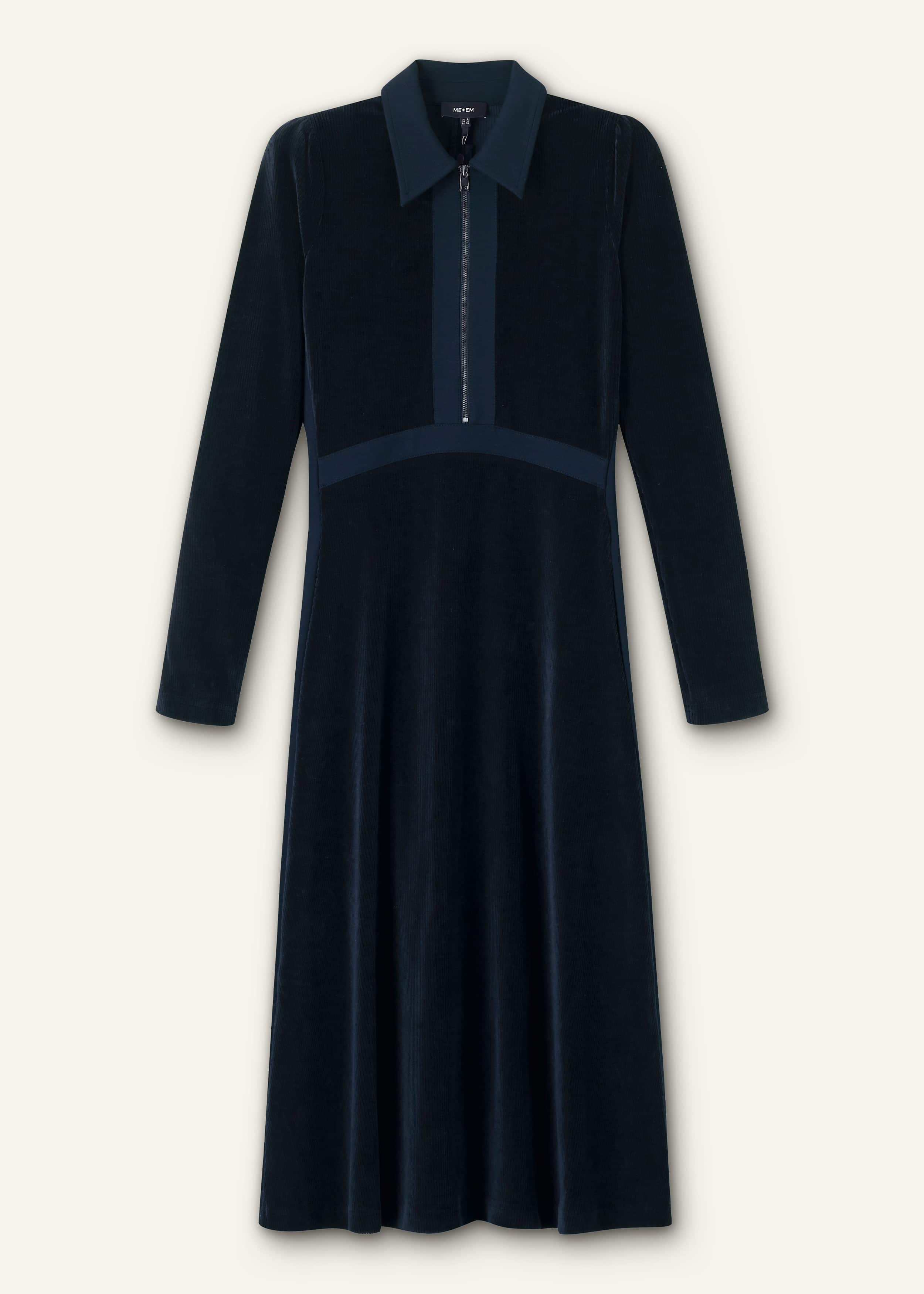 Navy Ponte Collared Cord Velour AM-PM Midi Dress