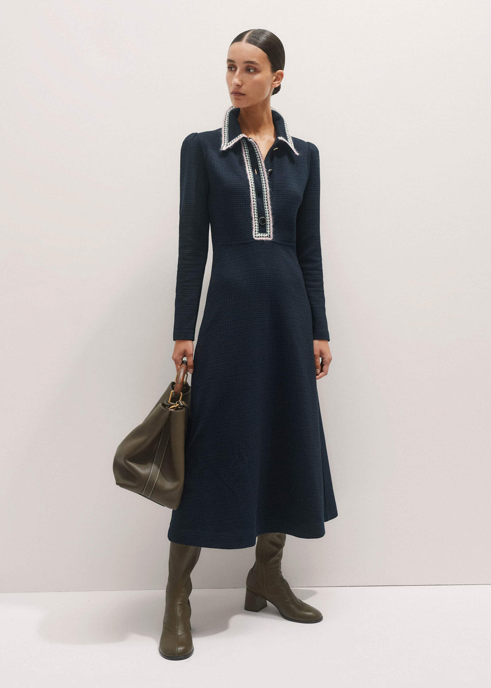 Navy Crochet Trim Fit and Flare Midi Dress