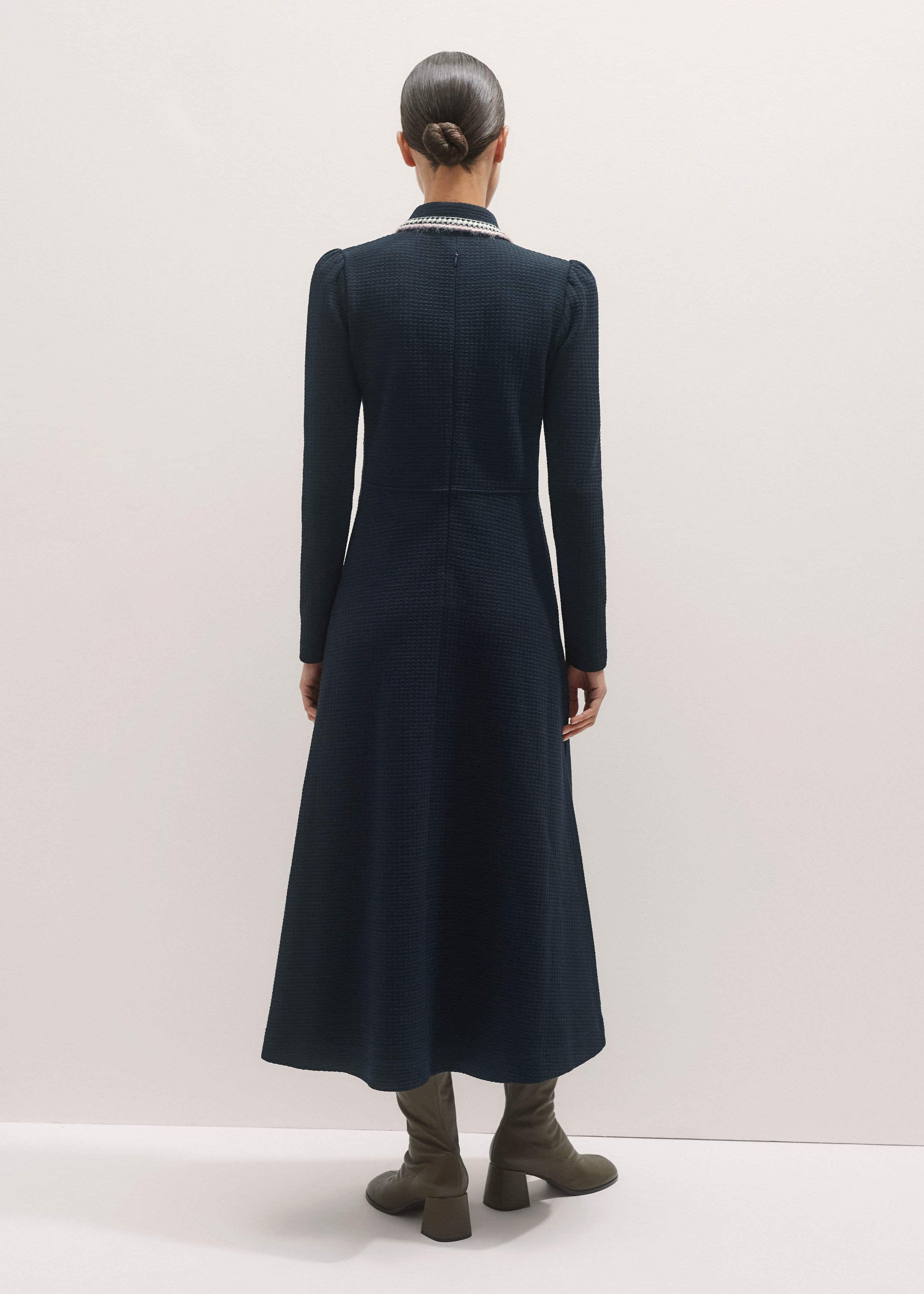 Navy Crochet Trim Fit and Flare Midi Dress
