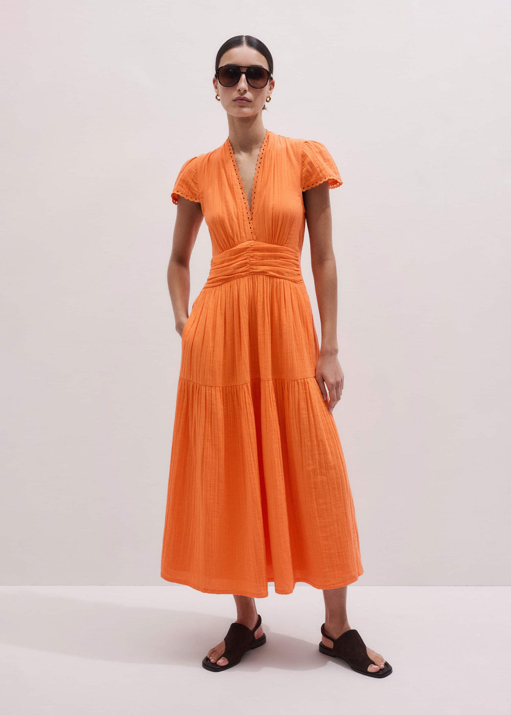 Orange Cheesecloth Fit + Flare Maxi Dress