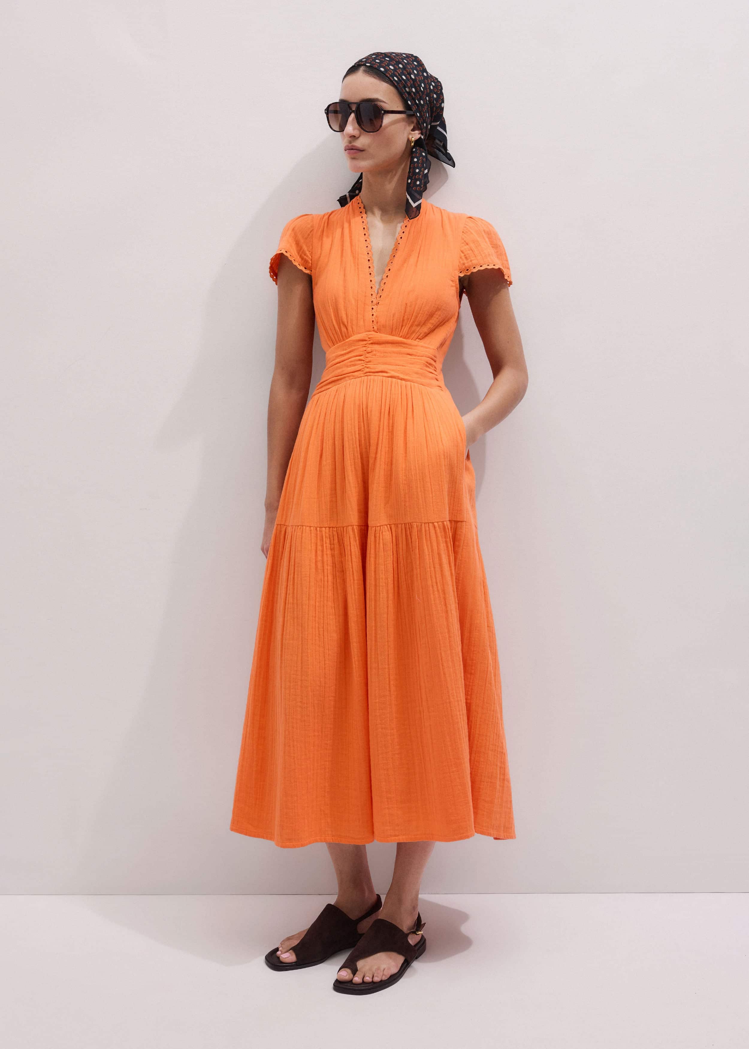 Orange Cheesecloth Fit + Flare Maxi Dress
