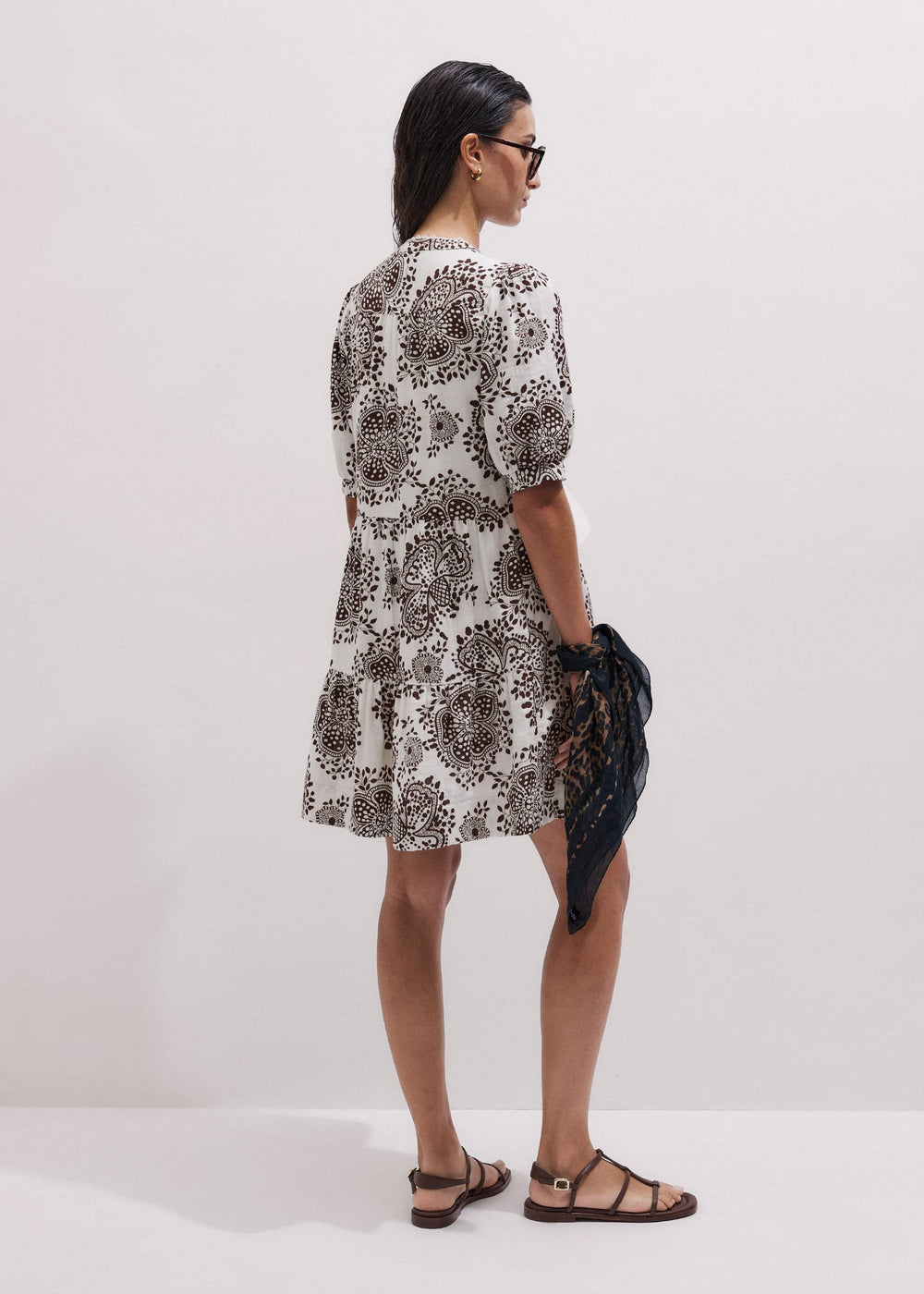 White Cheesecloth In-Full-Bloom Print Swing Short Dress