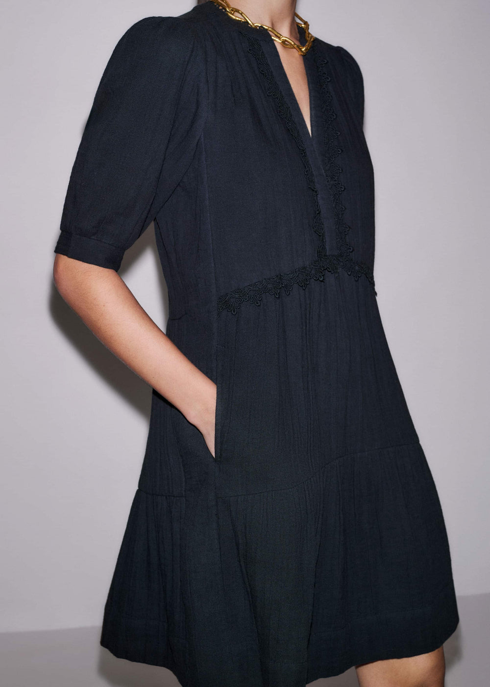 Navy Cheesecloth Short Swing Dress