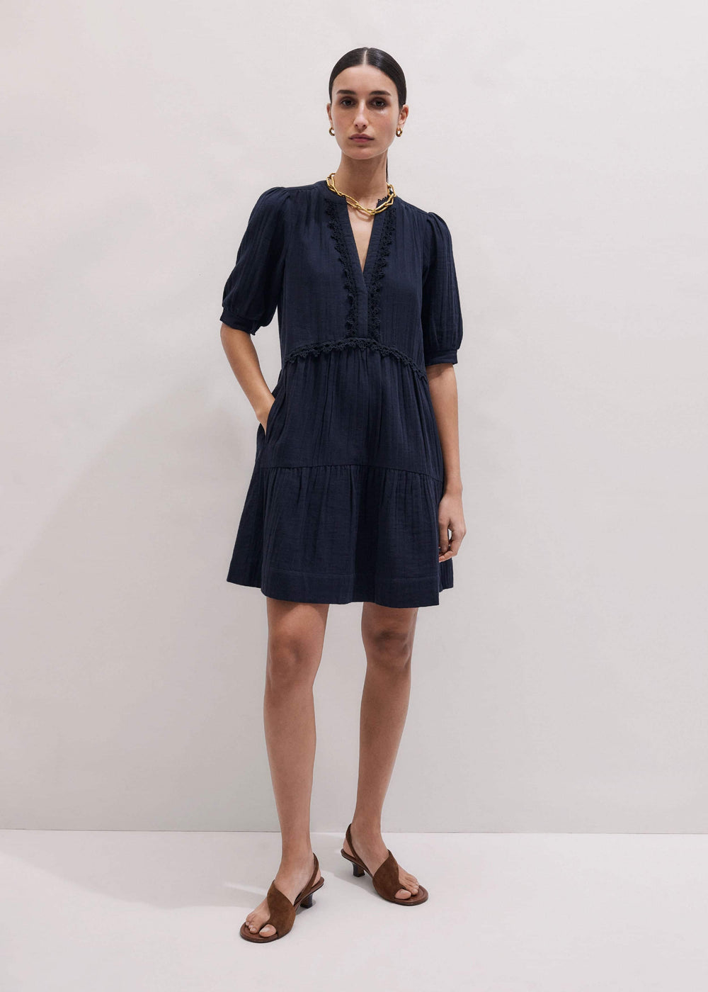 Navy Cheesecloth Short Swing Dress