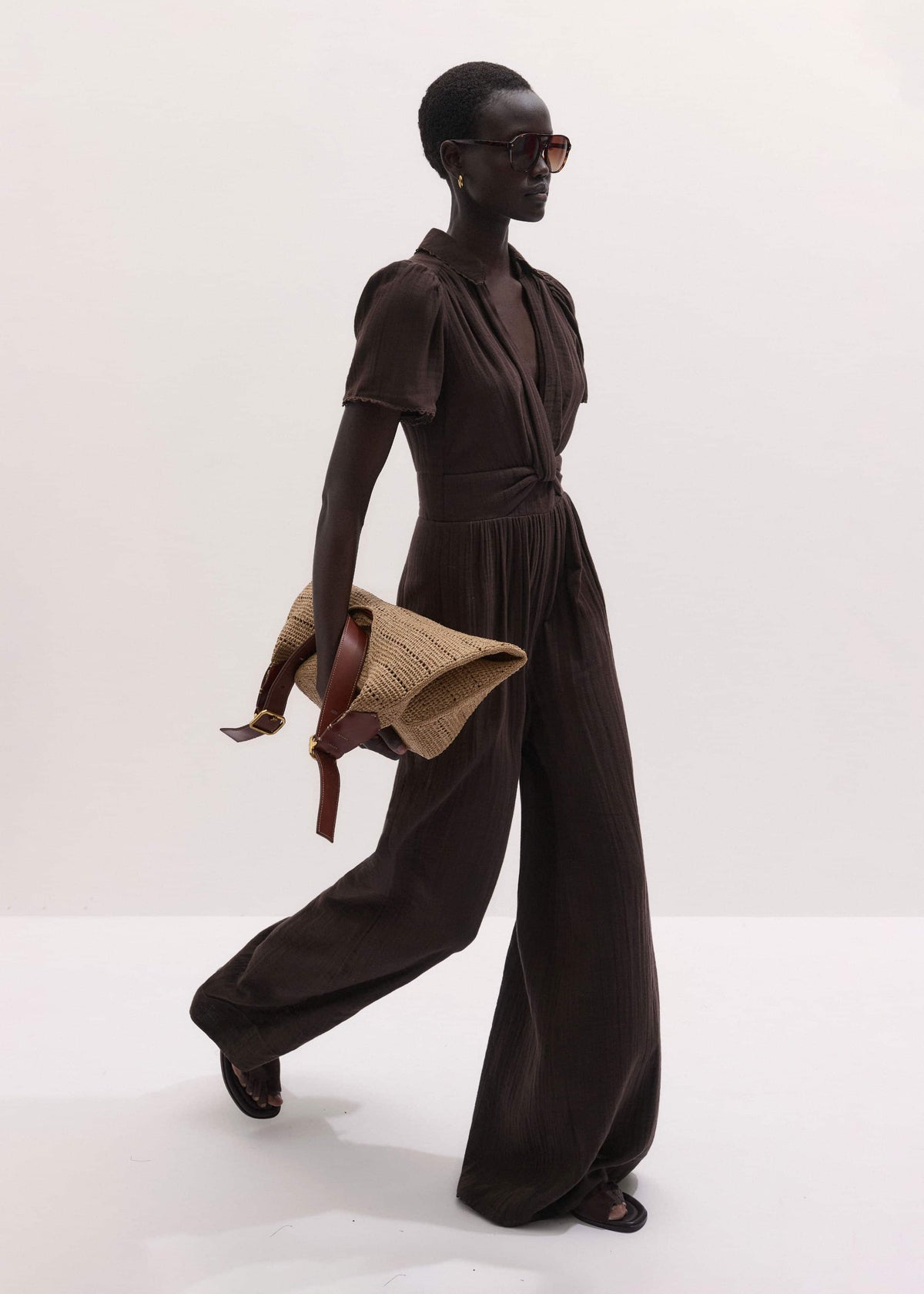 Brown Twisted Front Cheesecloth Jumpsuit