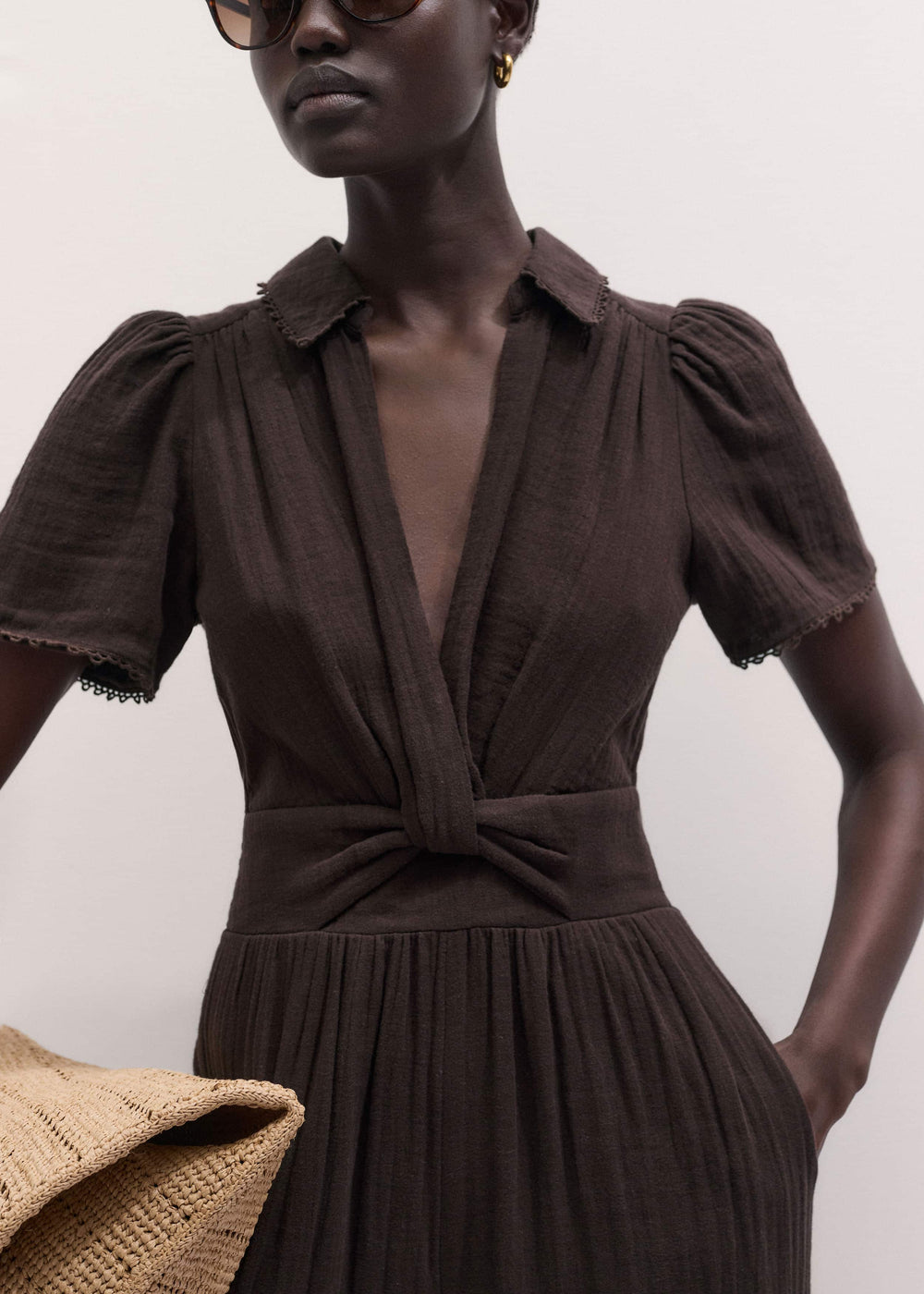 Brown Twisted Front Cheesecloth Jumpsuit
