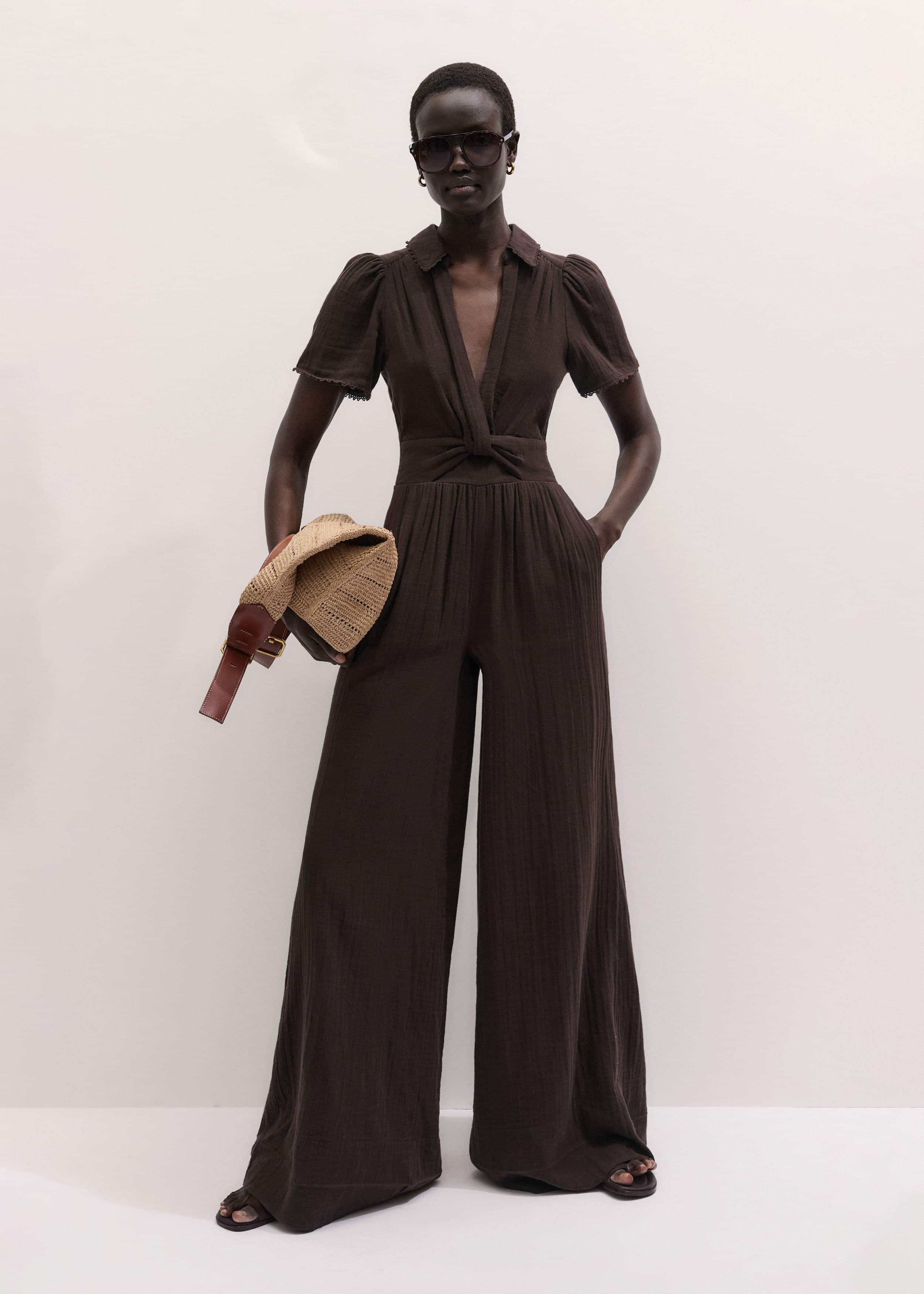 Brown Twisted Front Cheesecloth Jumpsuit