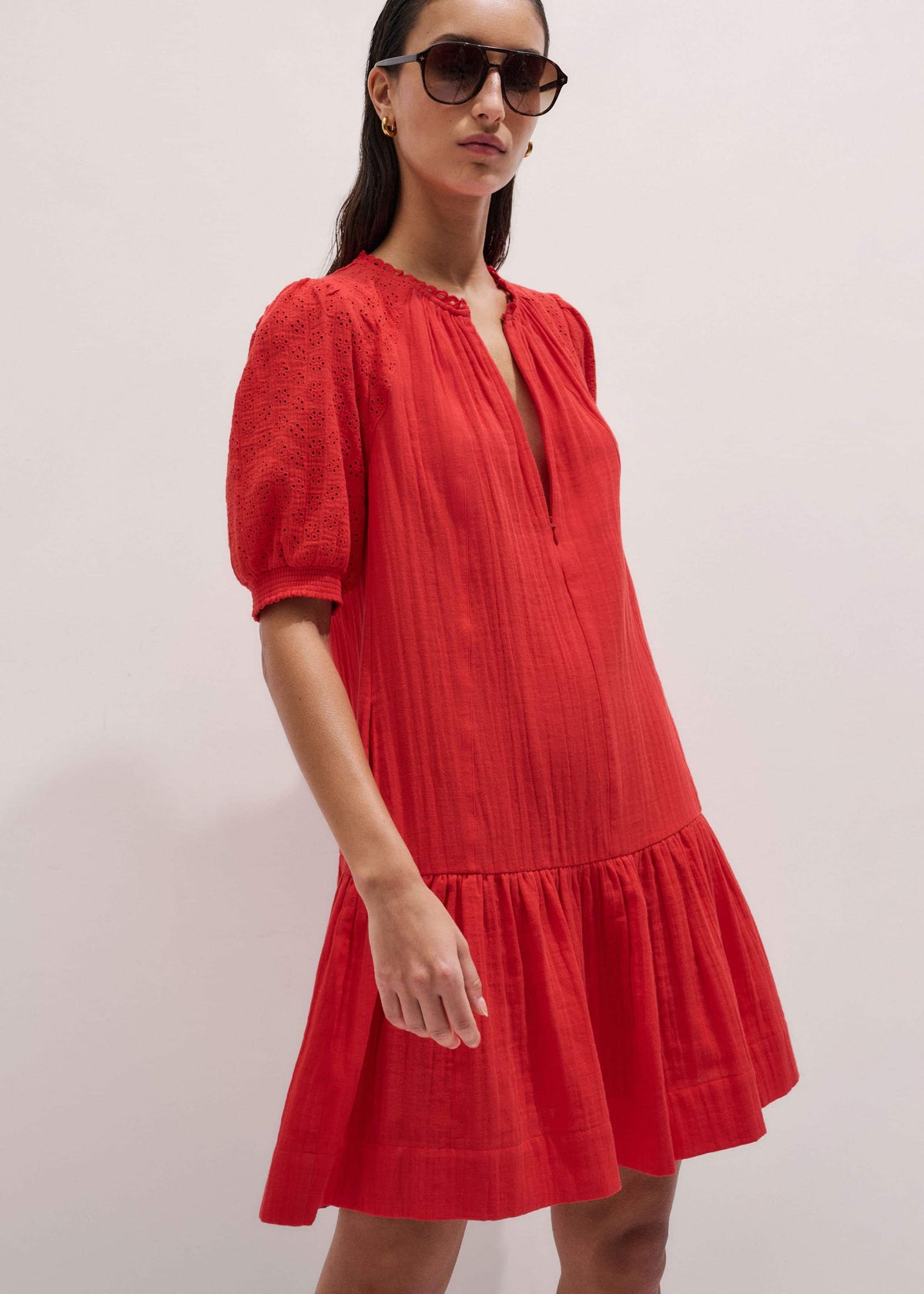 Red Embroidered Cheesecloth Short Dress