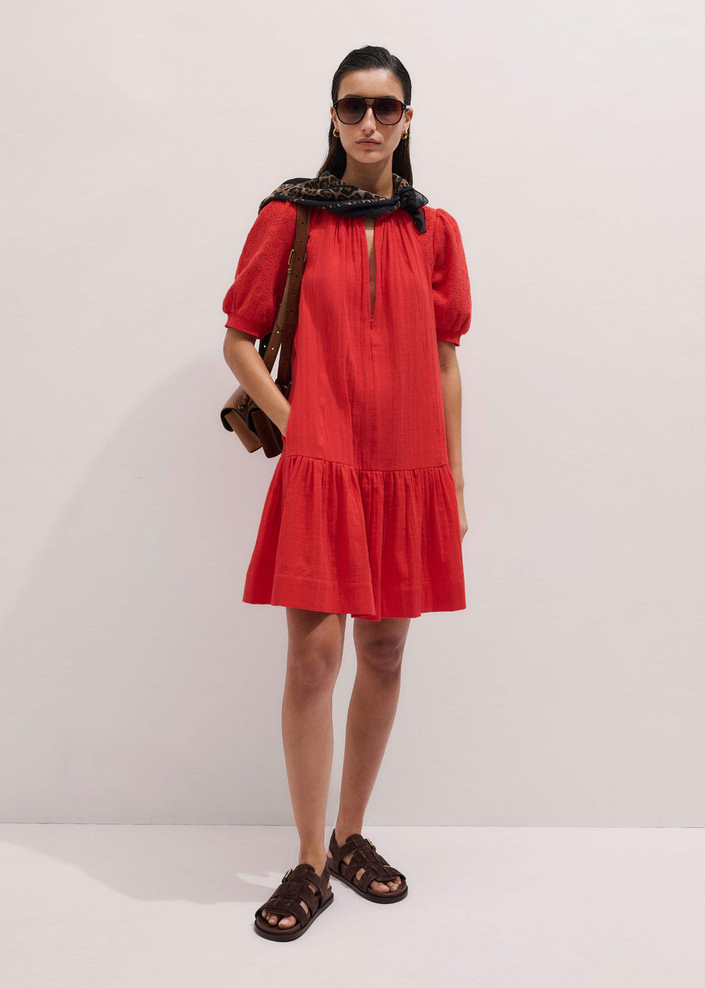 Red Embroidered Cheesecloth Short Dress
