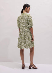 Green Entangled Lace Print Tiered Short Dress