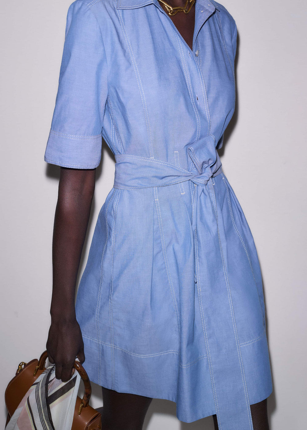 Blue Cotton Chambray Mini Shirt Dress