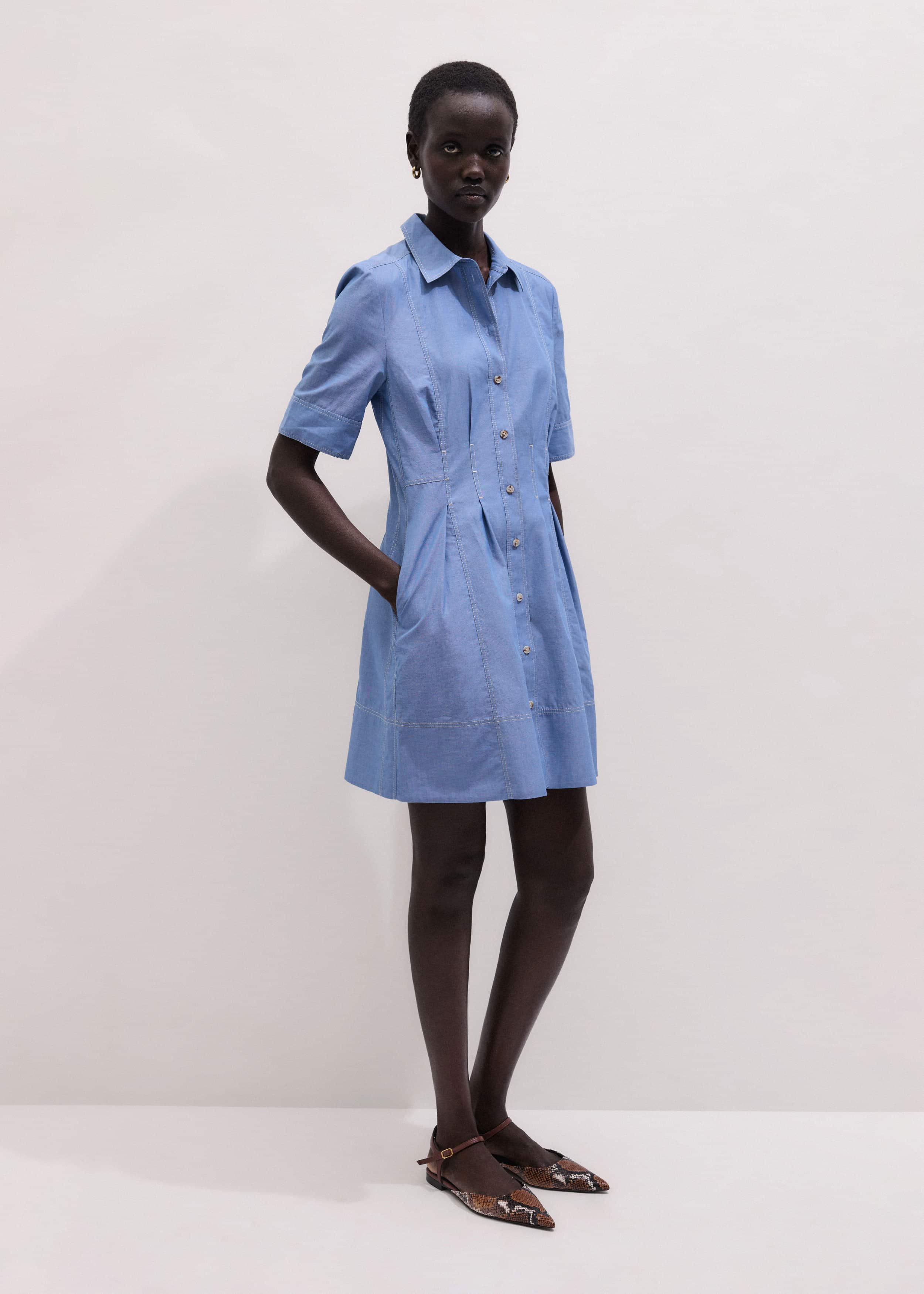 Blue Cotton Chambray Mini Shirt Dress