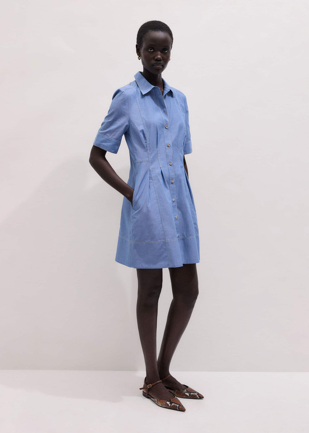Blue Cotton Chambray Mini Shirt Dress