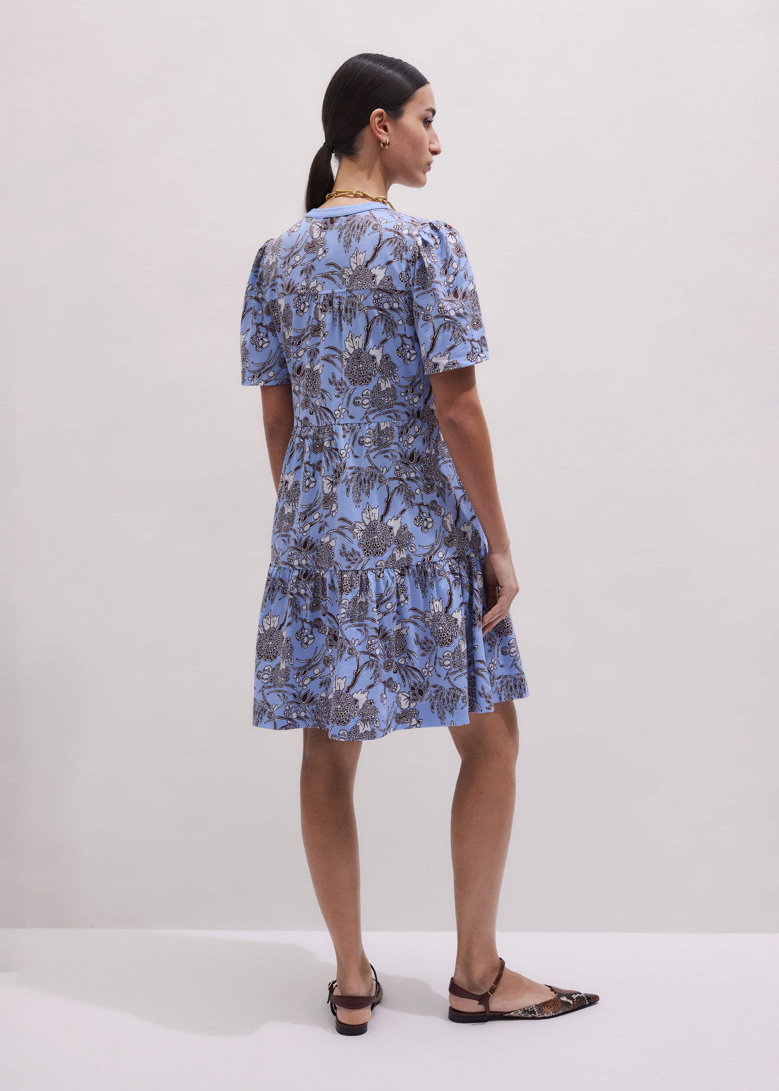 Blue Printed Tiered Short Dress