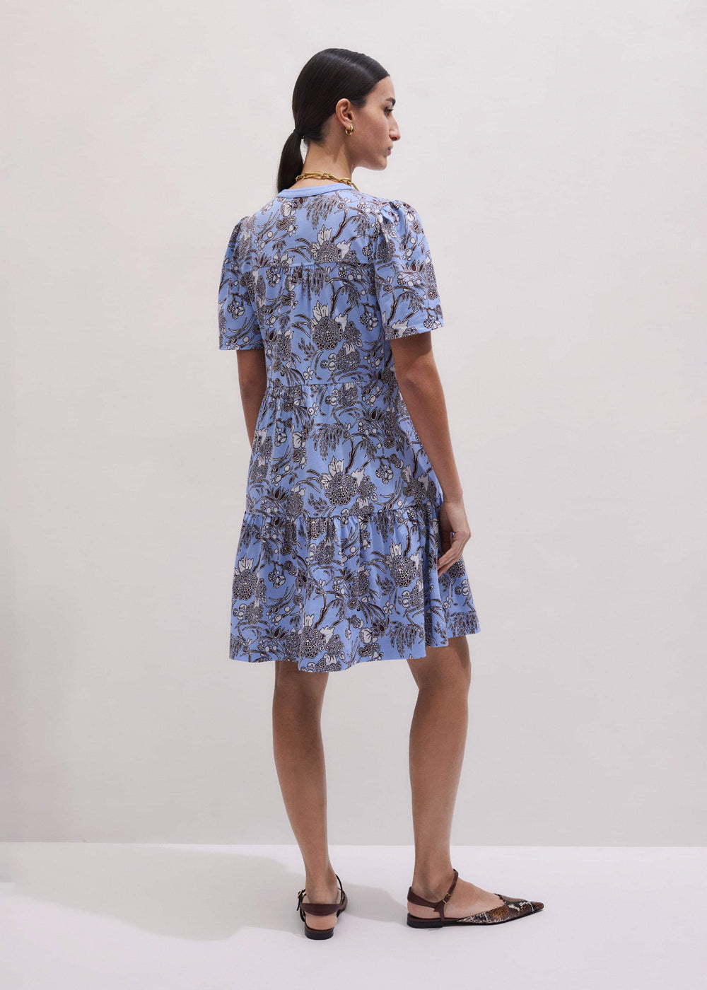 Blue Printed Tiered Short Dress