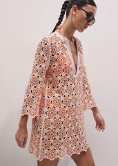 Orange Floral Crochet Mini Beach Dress