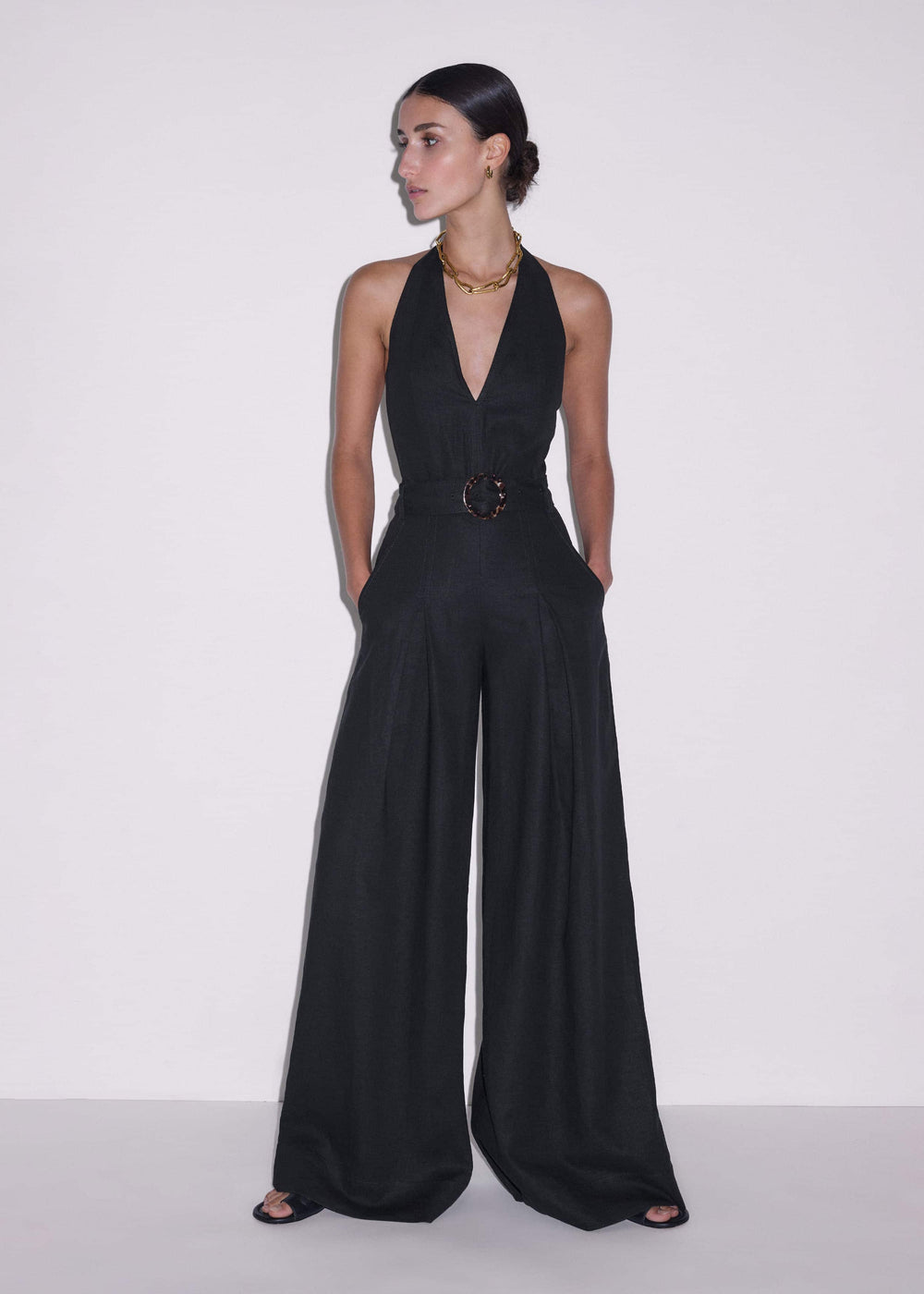 Black Crease-Less Linen Halterneck Wide Jumpsuit