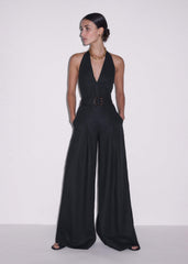 Black Crease-Less Linen Halterneck Wide Jumpsuit