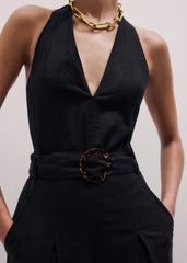 Black Crease-Less Linen Halterneck Wide Jumpsuit