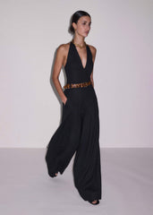 Black Crease-Less Linen Halterneck Wide Jumpsuit
